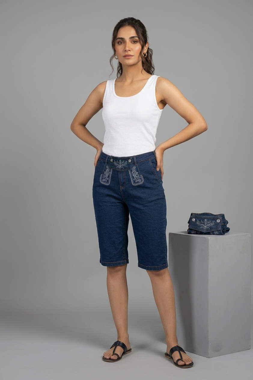 Moda Vilona's Women's High-Rise Embroidered Denim Bermuda Shorts (with Removable Bib)