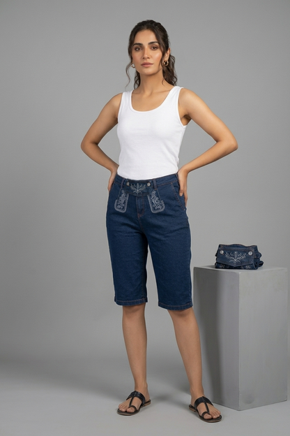 Moda Vilona's Women's High-Rise Embroidered Denim Bermuda Shorts (with Removable Bib)