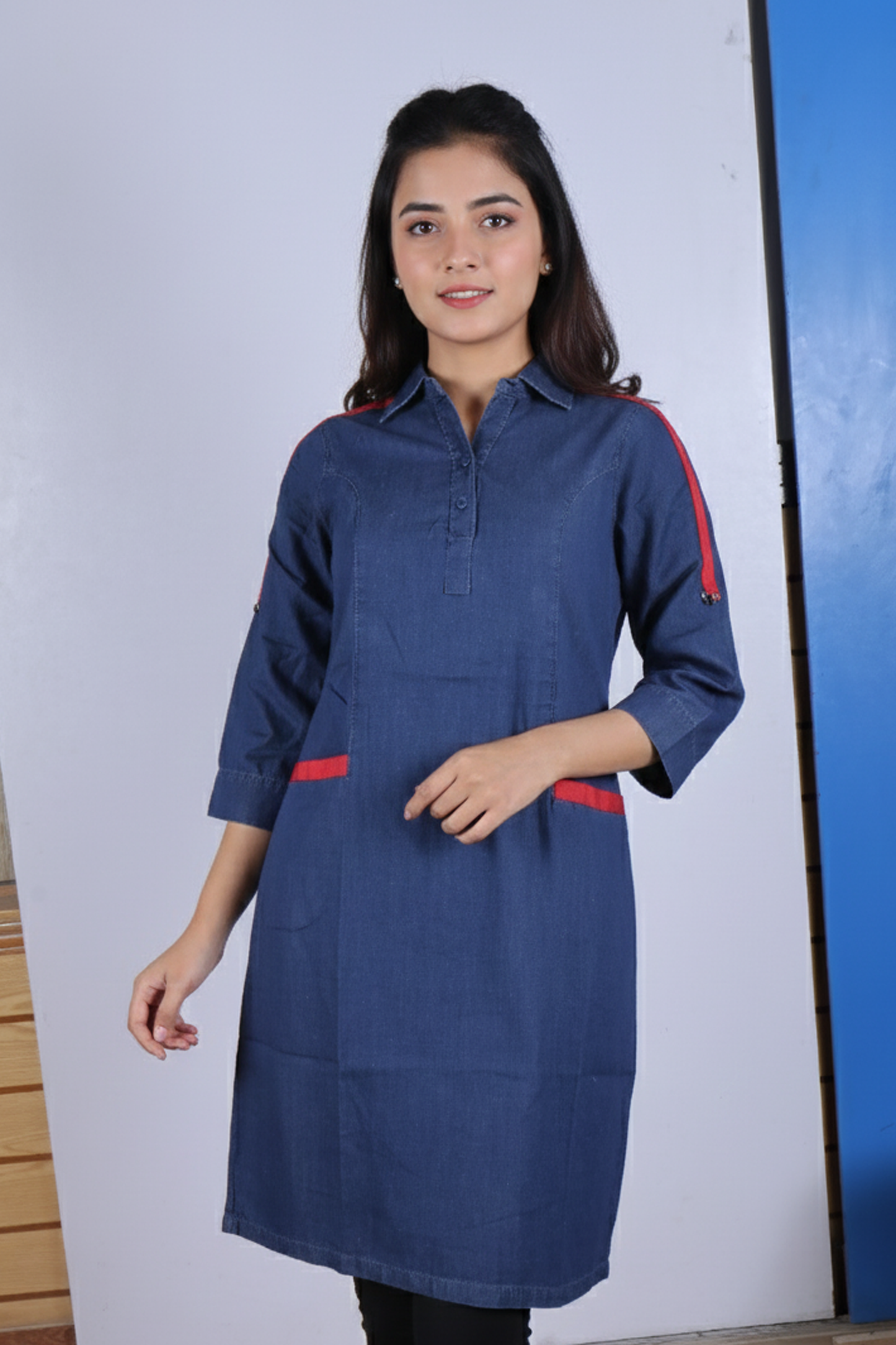 Women's Dark Wash Denim Kurta Tunic with Sporty Red Accents – 3/4 Sleeve