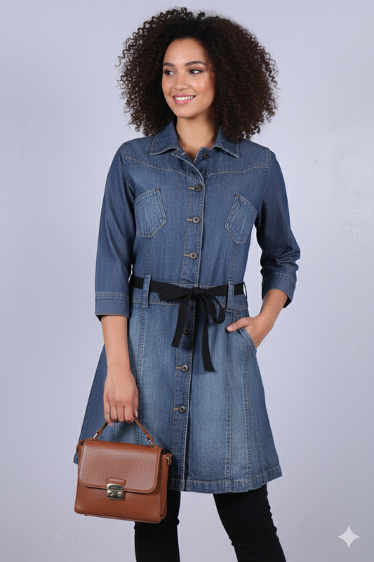 Women's Mid-Wash Denim Tunic Jacket with Black Tie-Belt