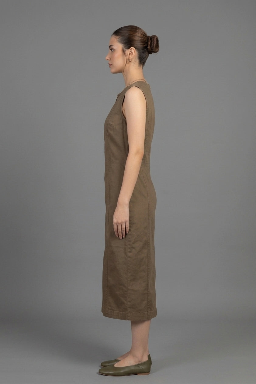 Sleeveless Front-Zip Utility Midi Dress – Olive Brown