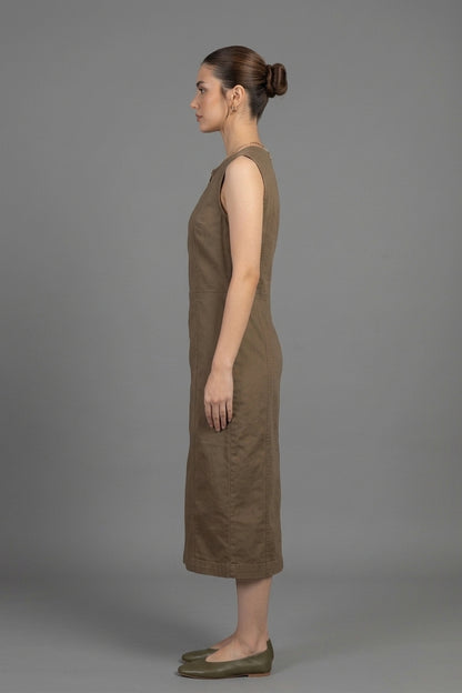 Sleeveless Front-Zip Utility Midi Dress – Olive Brown