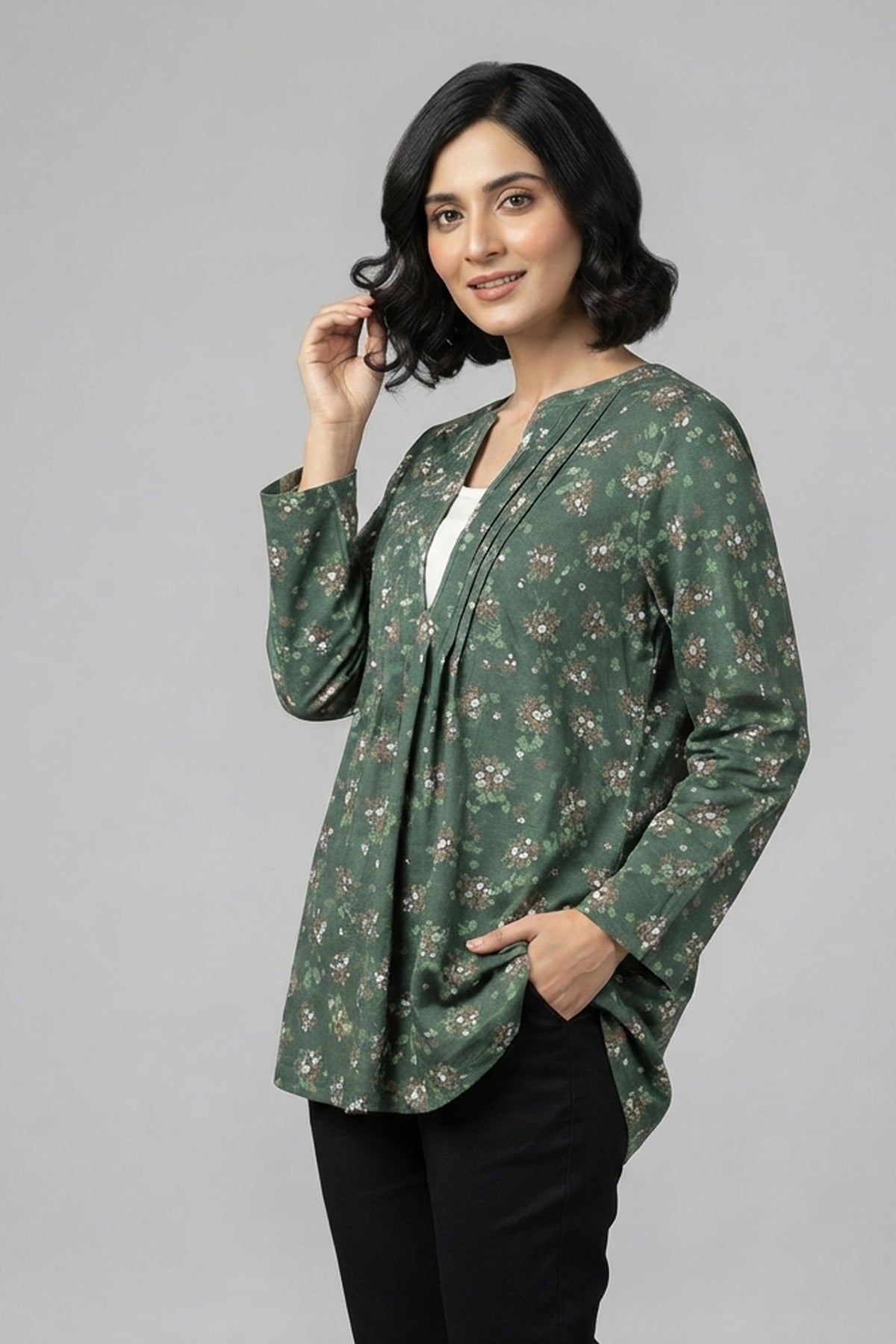 Floral Print Pleated V-Neck Tunic Top