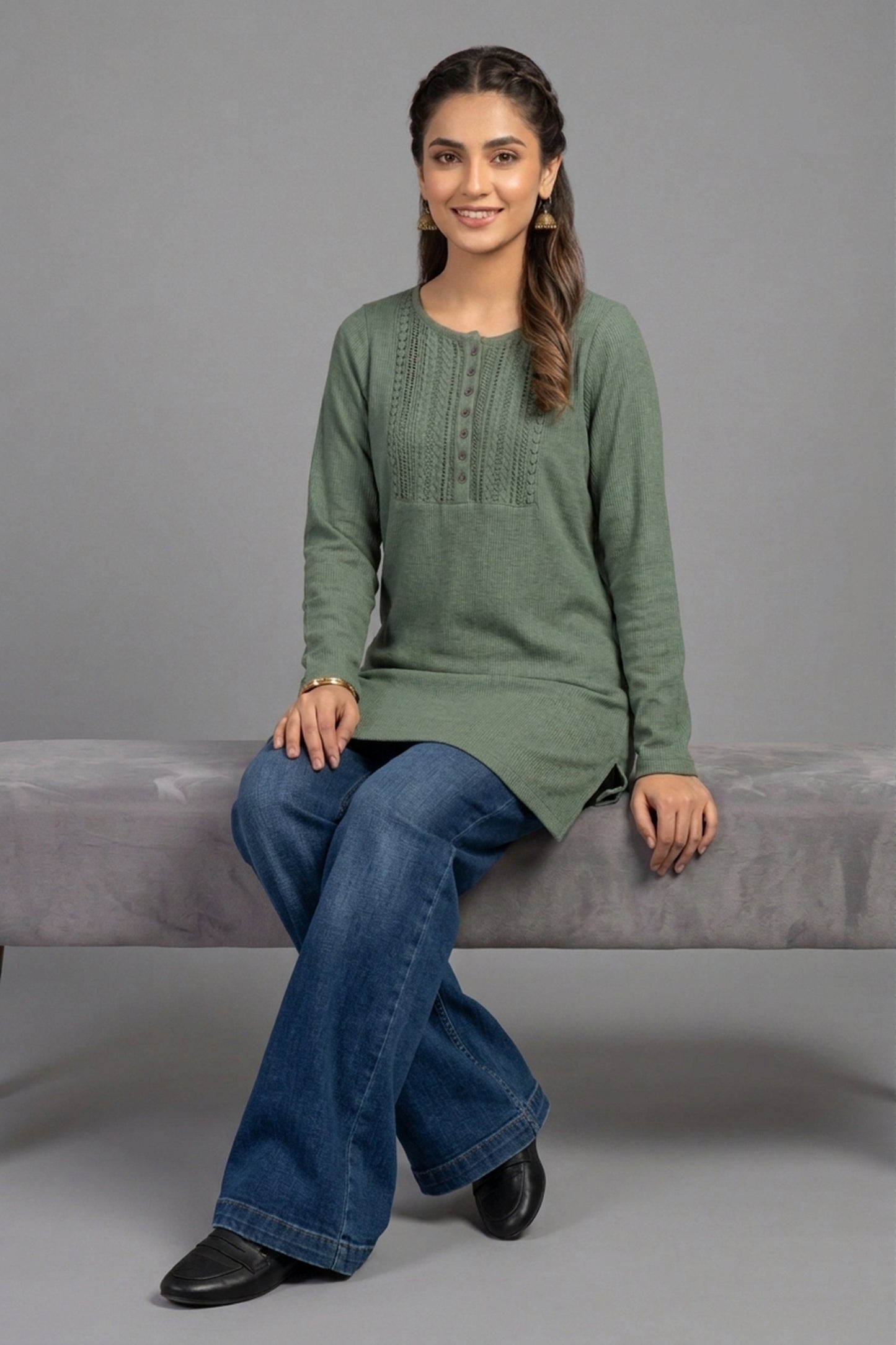 Sage Green Lace-Bib Henley Tunic Top