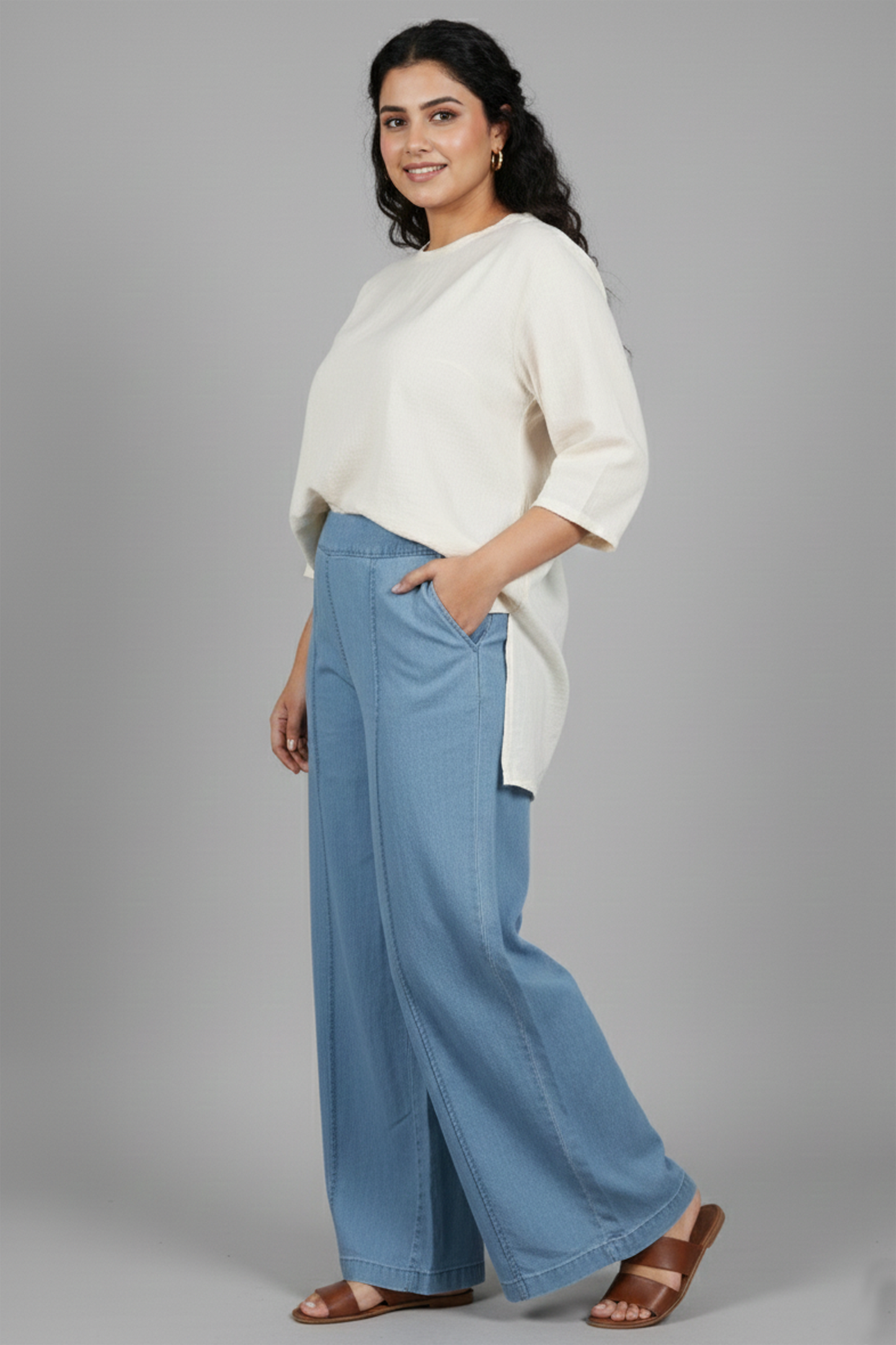 Women’s Mid-Blue Wide-Leg Pull-On Trousers