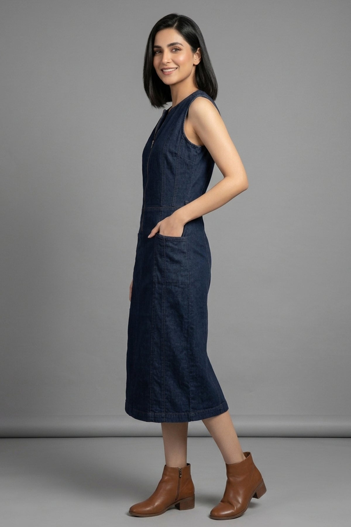 Sleeveless Front-Zip Denim Midi Dress
