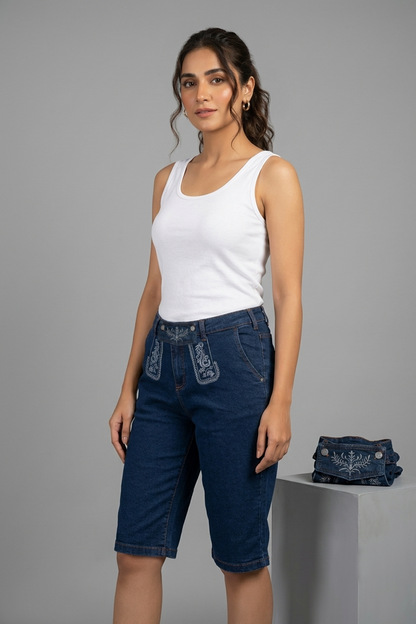 Moda Vilona's Women's High-Rise Embroidered Denim Bermuda Shorts (with Removable Bib)