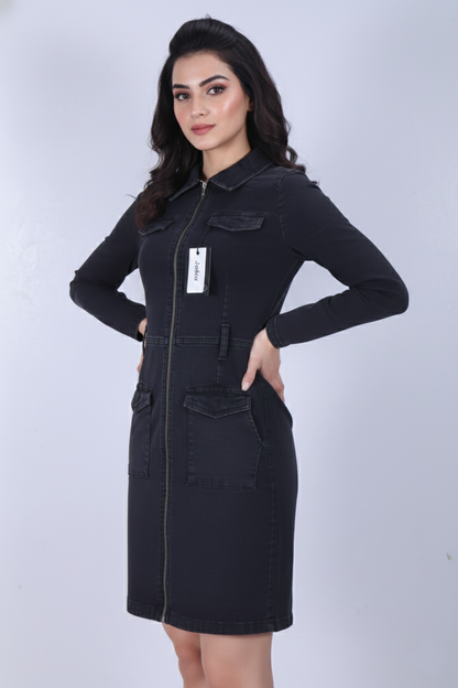 Chic Black Denim Utility Mini Dress