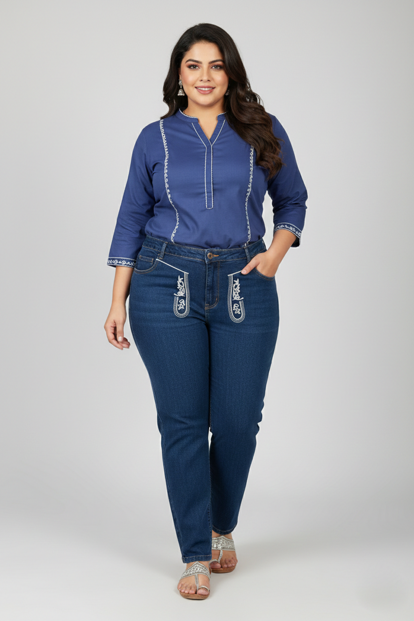 Embroidered High Rise Straight Leg Jeans