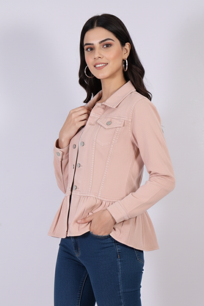 Women’s Peplum Denim Jacket in Blush Pink