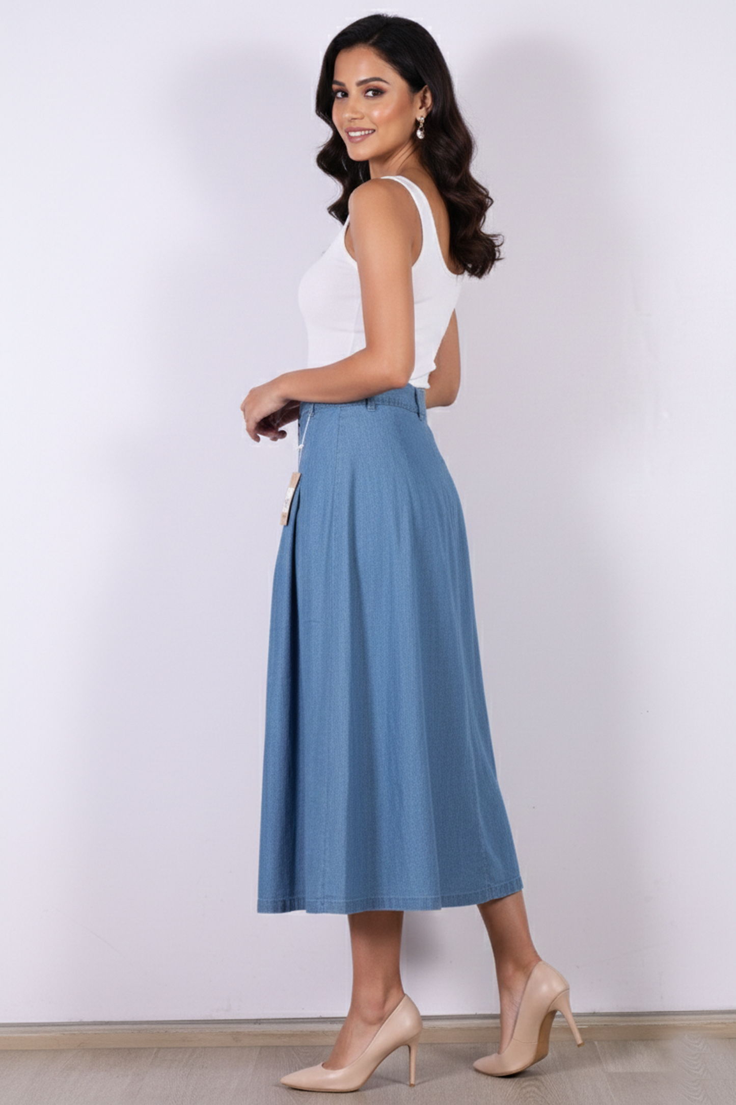 Classic A-Line Denim Midi Skirt