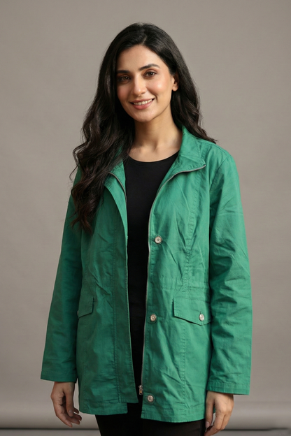 Women’s Emerald Green Utility Field Jacket – Lightweight Anorak with Cinch Waist