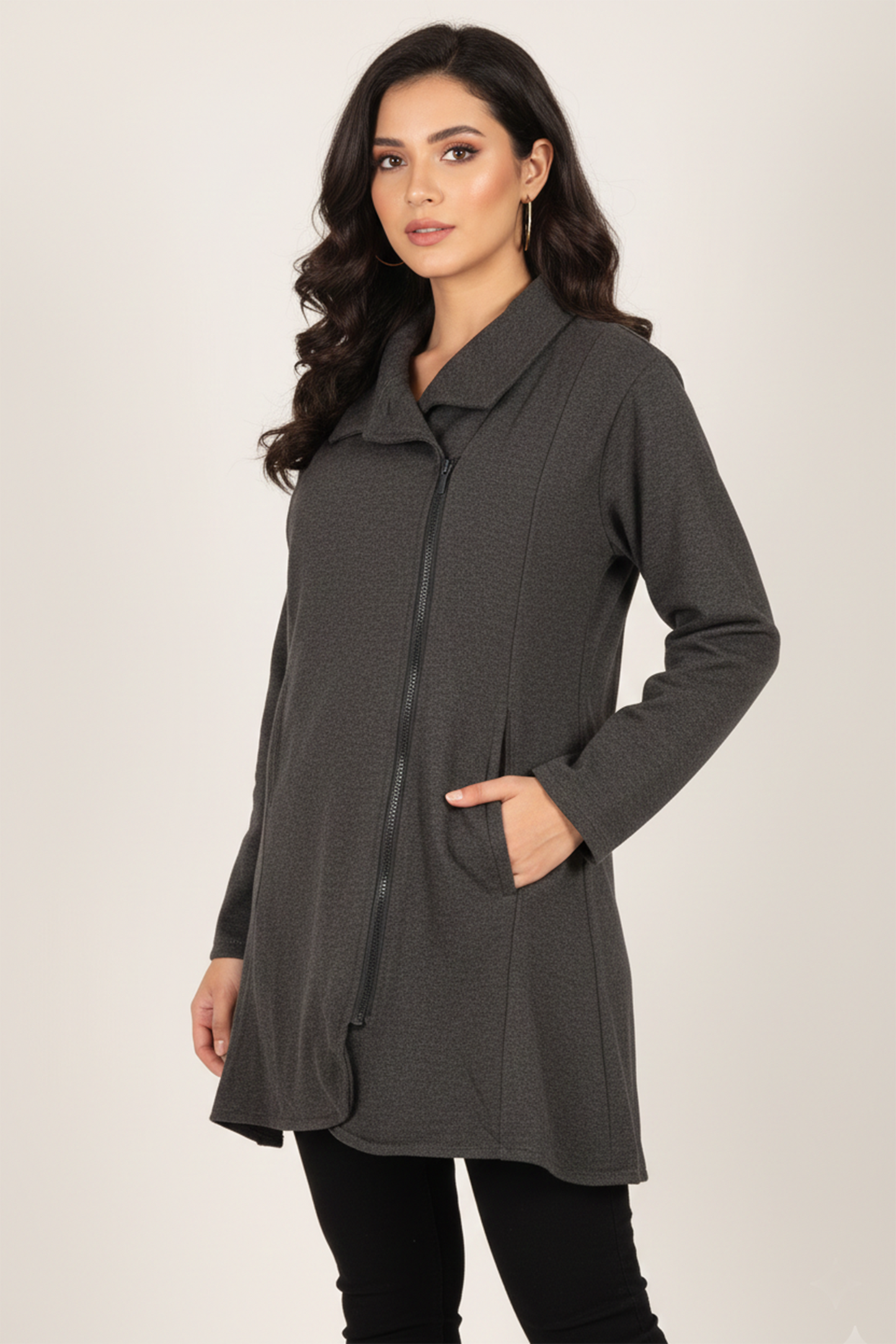 Women's Asymmetrical Zip-Front Knit Tunic Jacket - Charcoal Gray