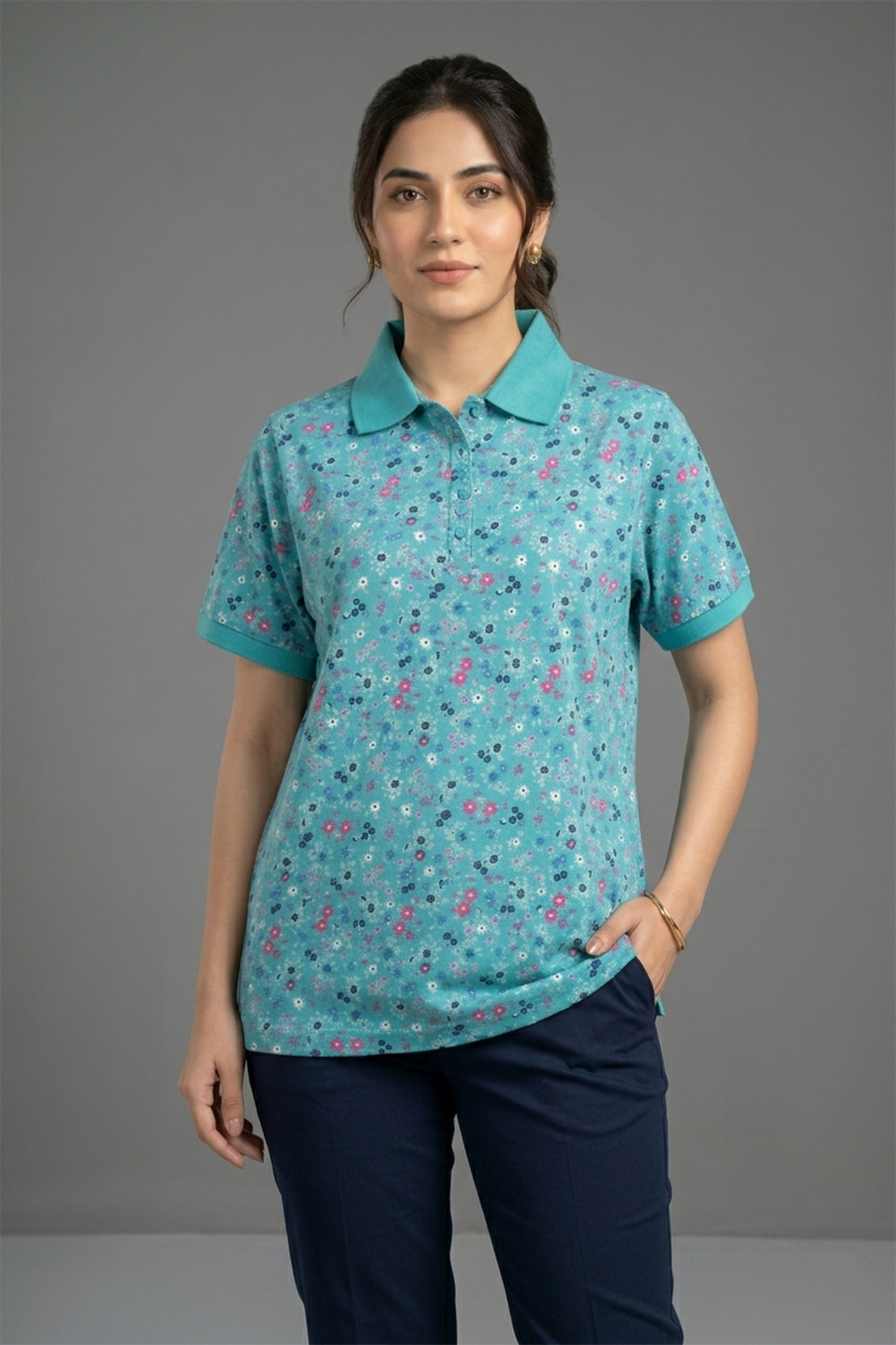 Floral Fields Polo - Teal & Multi-Color Print
