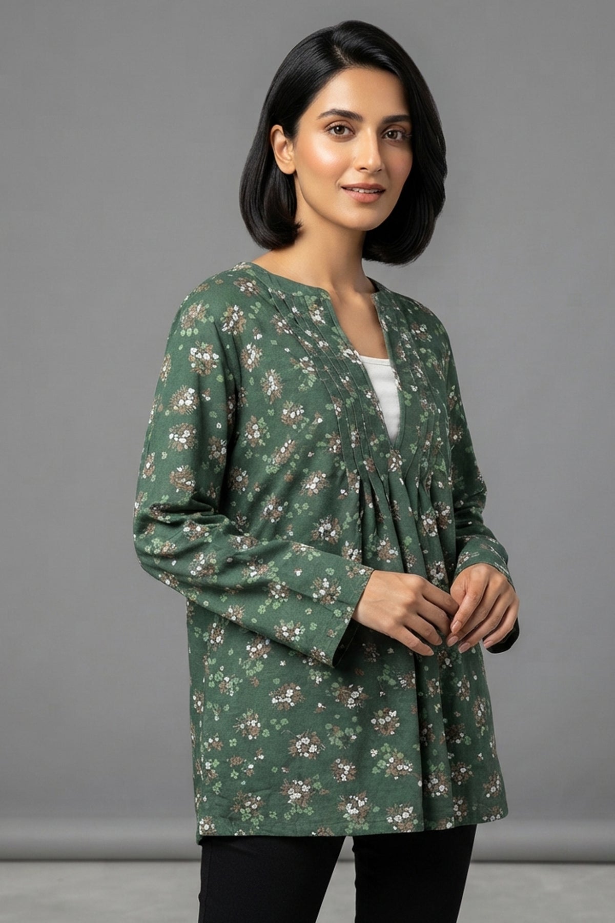Floral Print Pleated V-Neck Tunic Top