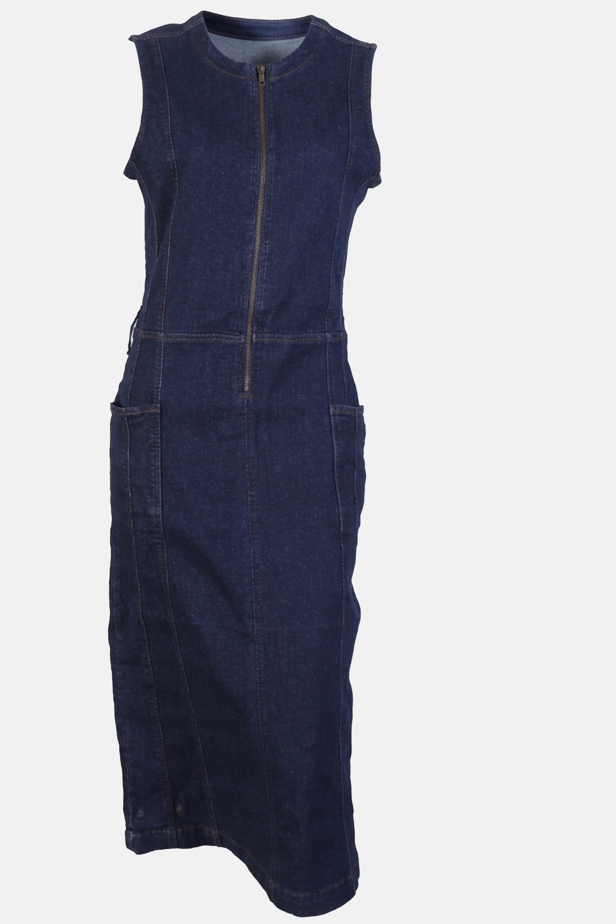 Sleeveless Front-Zip Denim Midi Dress