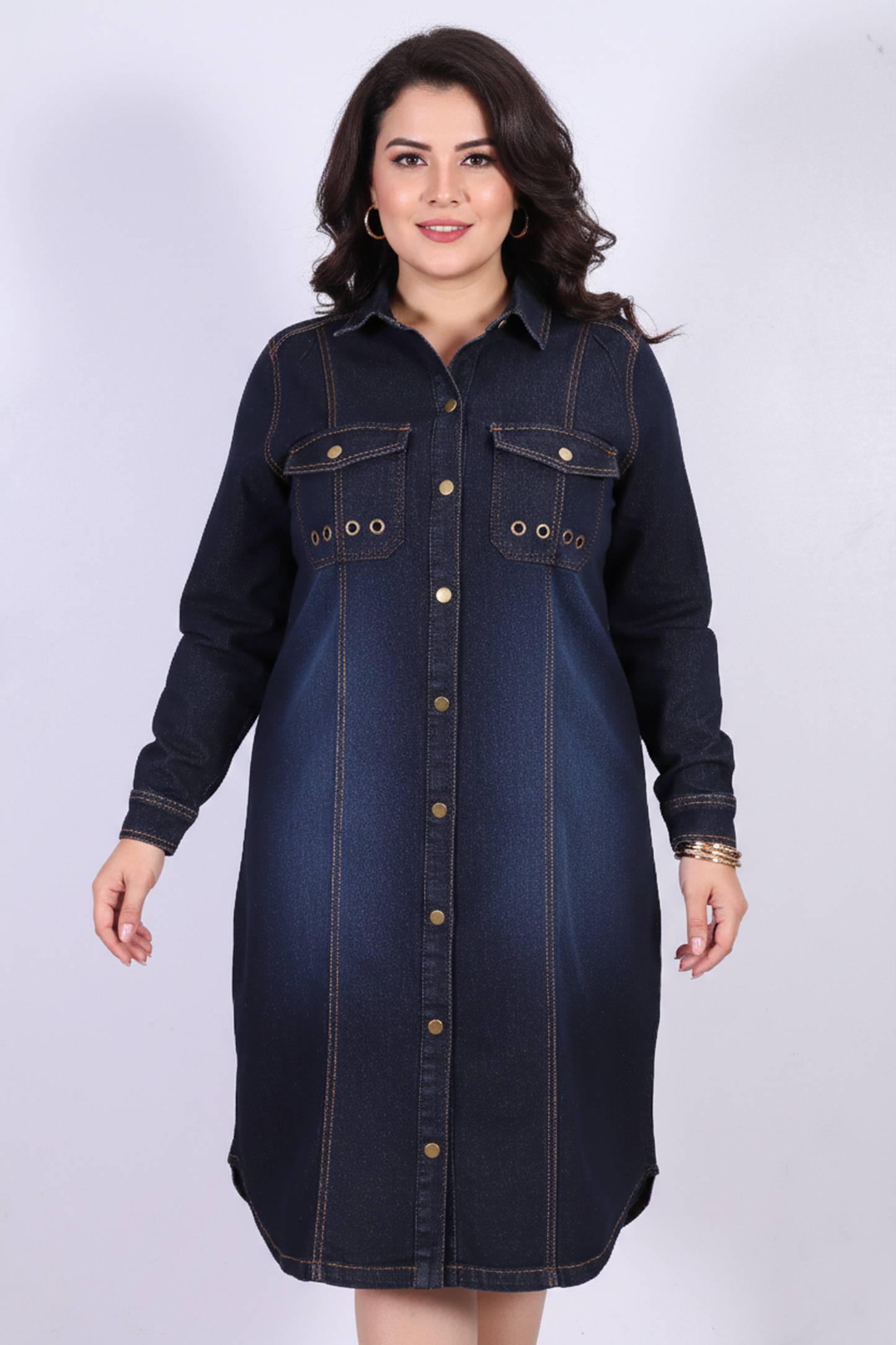 Dark Blue Long-Sleeve Denim Shirt Dress