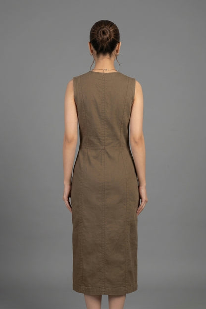Sleeveless Front-Zip Utility Midi Dress – Olive Brown