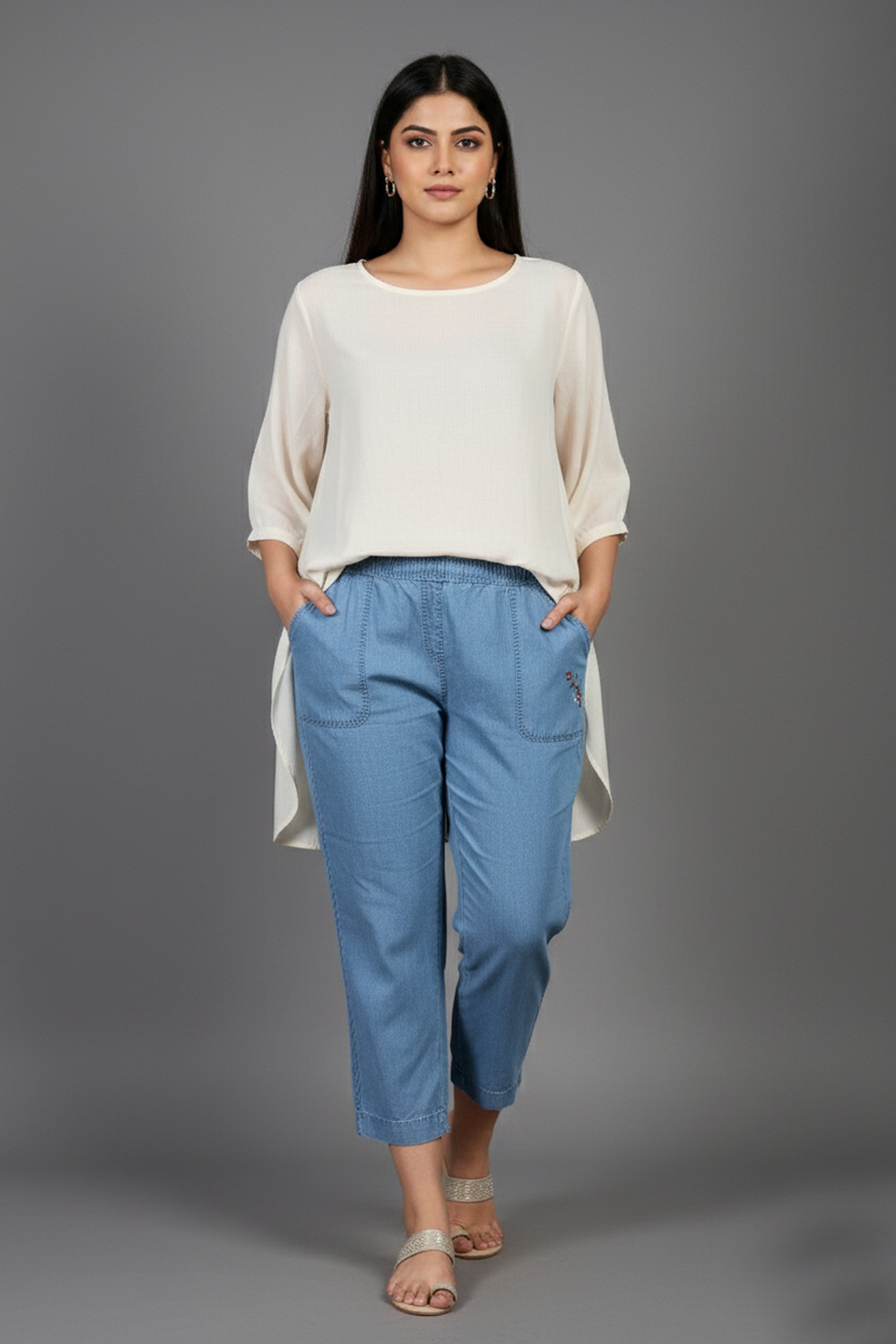 Women’s Premium Light-Wash Denim Pull-On Pants – Floral Embroidery Edition