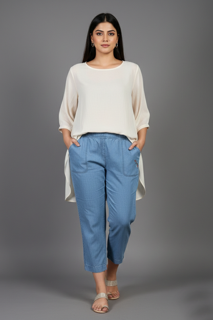 Women’s Premium Light-Wash Denim Pull-On Pants – Floral Embroidery Edition