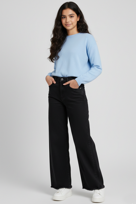 Premium Girls’ High-Waisted Wide-Leg Denim Jeans – Dark wash Black Adjustable waist