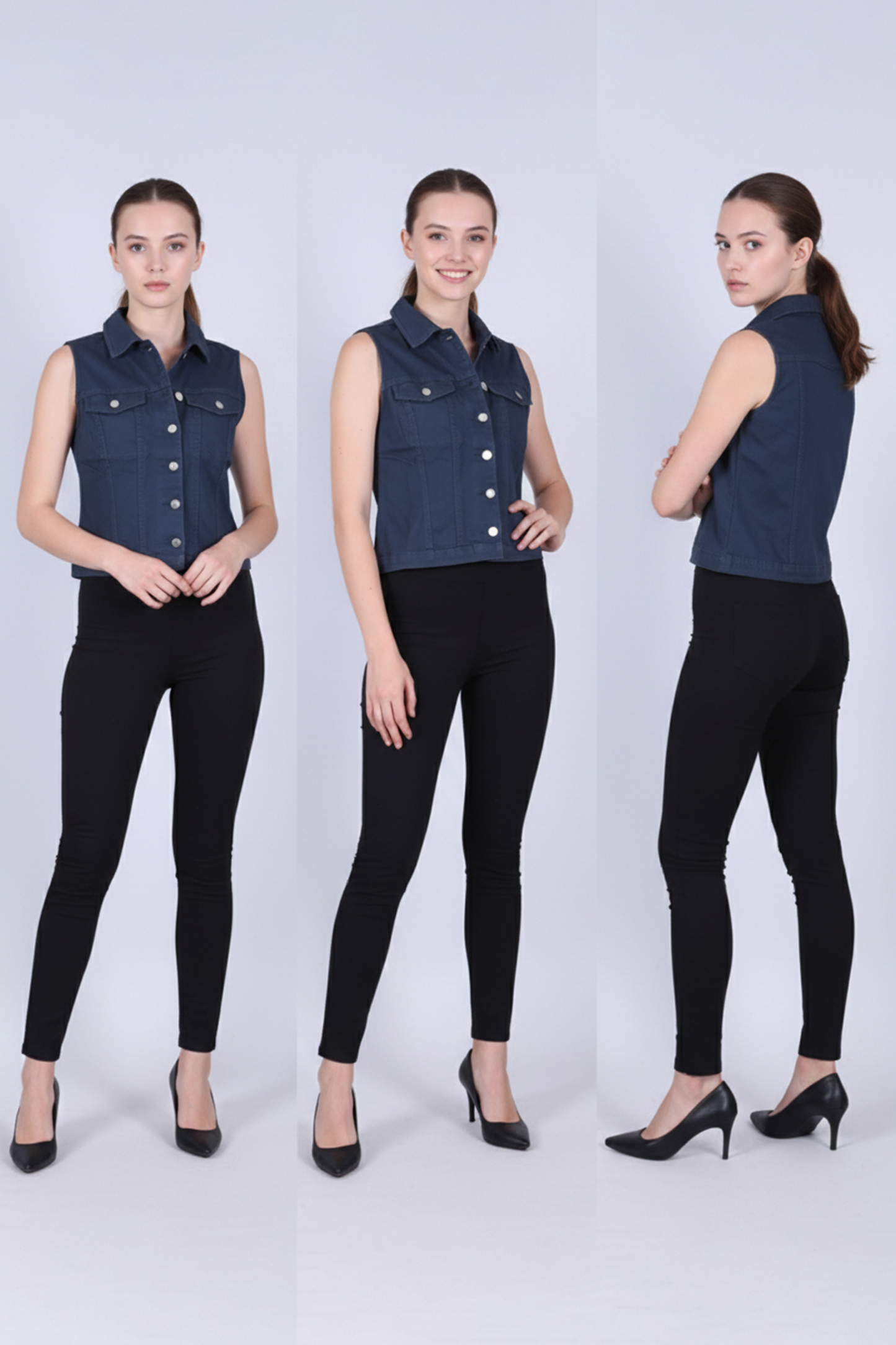 Women's Sleeveless Denim-Look Vest / Navy Blue Cropped Sleeveless Shirt Jacket