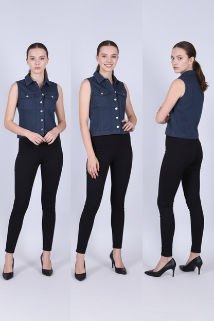 Women's Sleeveless Denim-Look Vest / Navy Blue Cropped Sleeveless Shirt Jacket