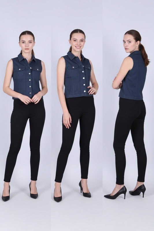 Women's Sleeveless Denim-Look Vest / Navy Blue Cropped Sleeveless Shirt Jacket