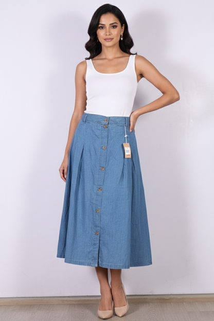Classic A-Line Denim Midi Skirt
