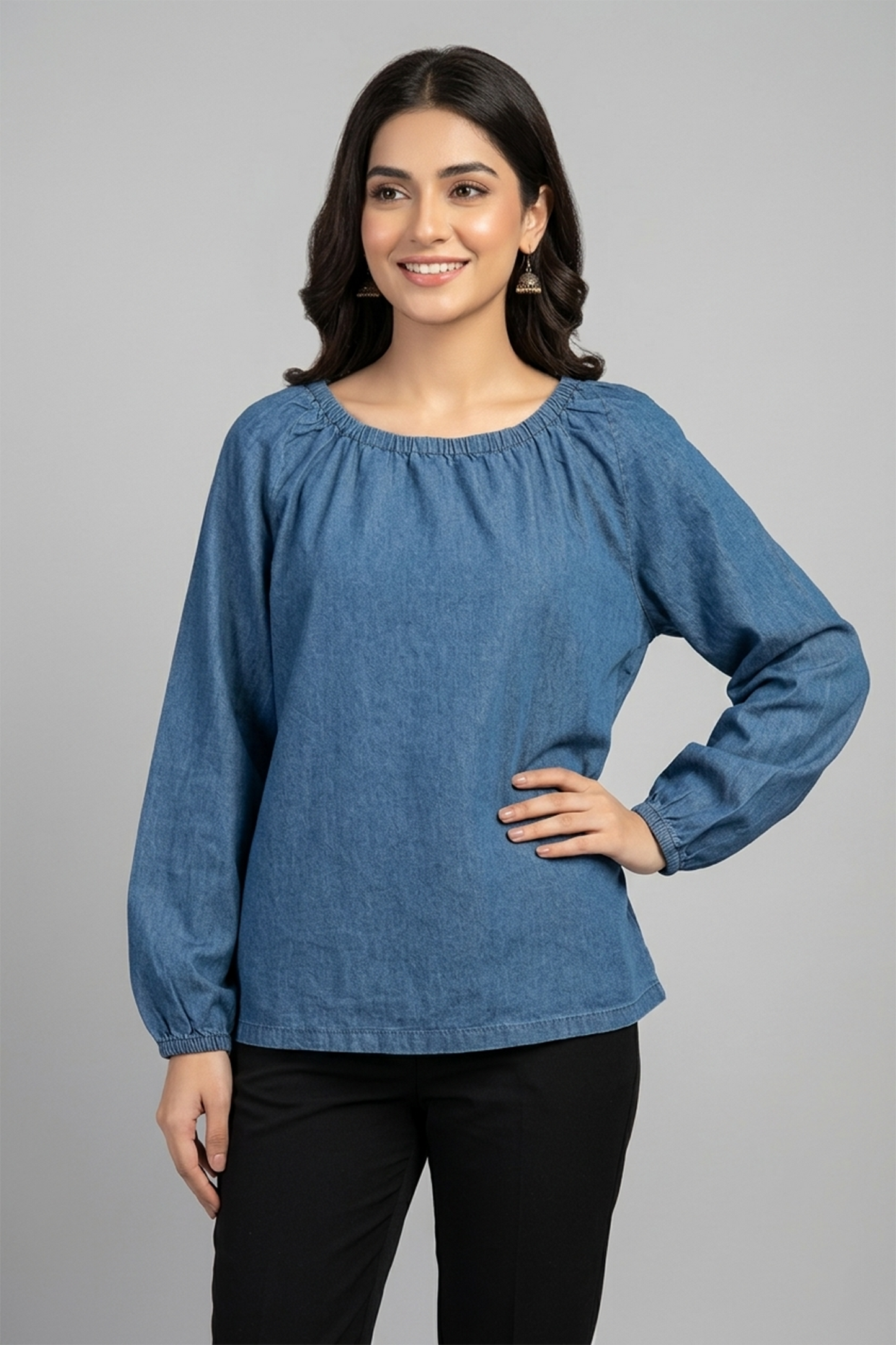 Elasticated Neck Denim Top