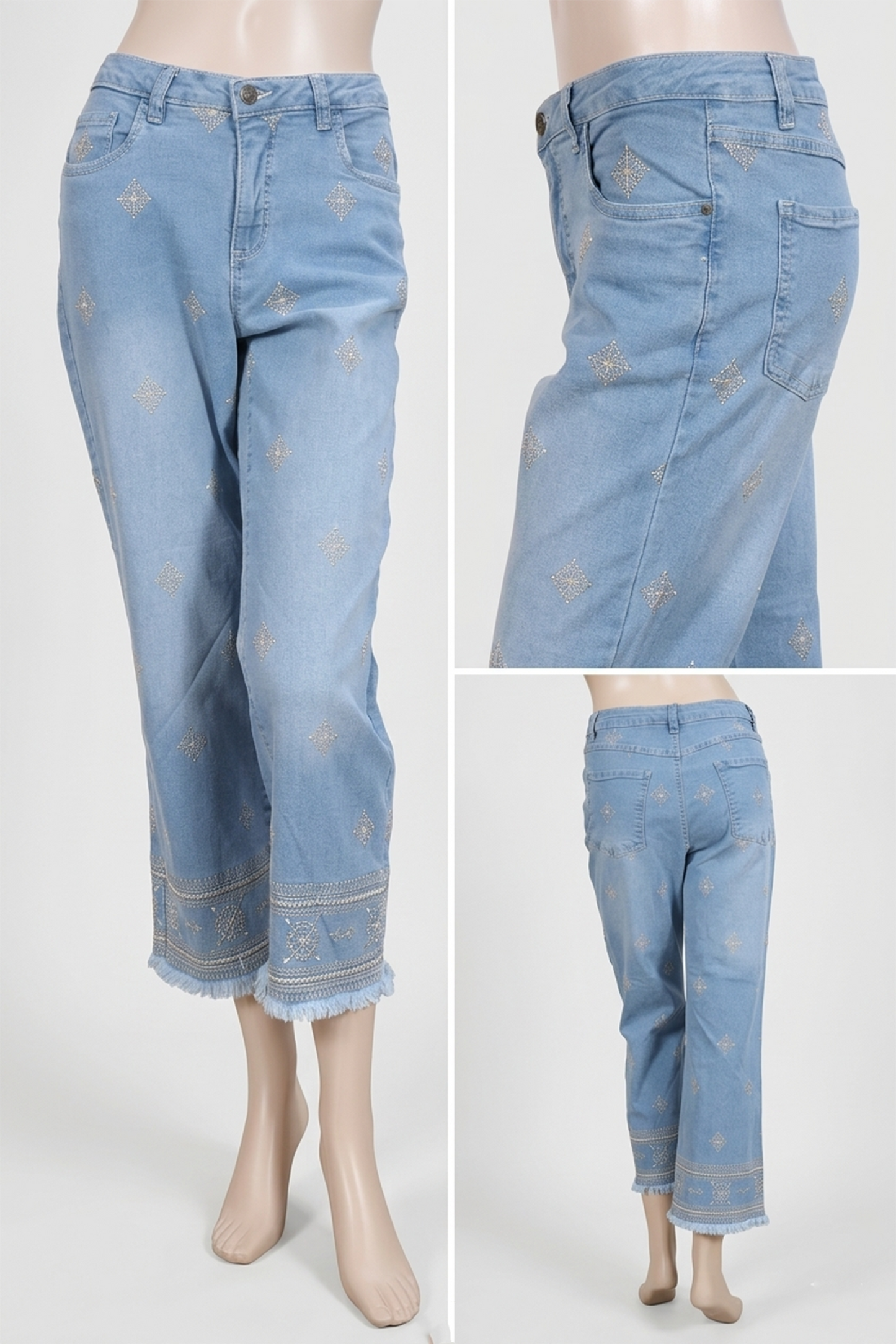 Embroidered Boho Straight-Leg Jeans – Light Wash
