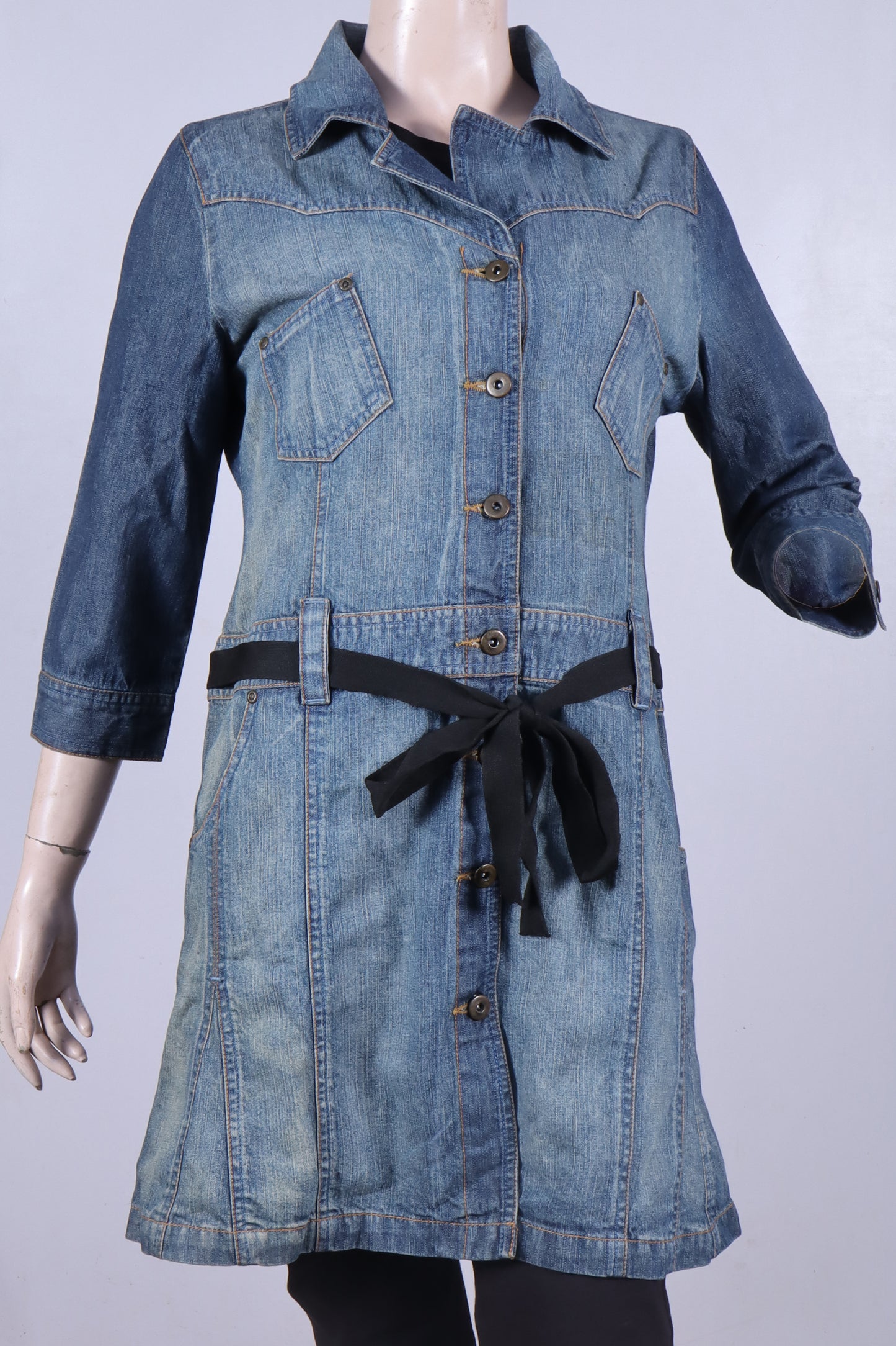 Women's Mid-Wash Denim Tunic Jacket with Black Tie-Belt