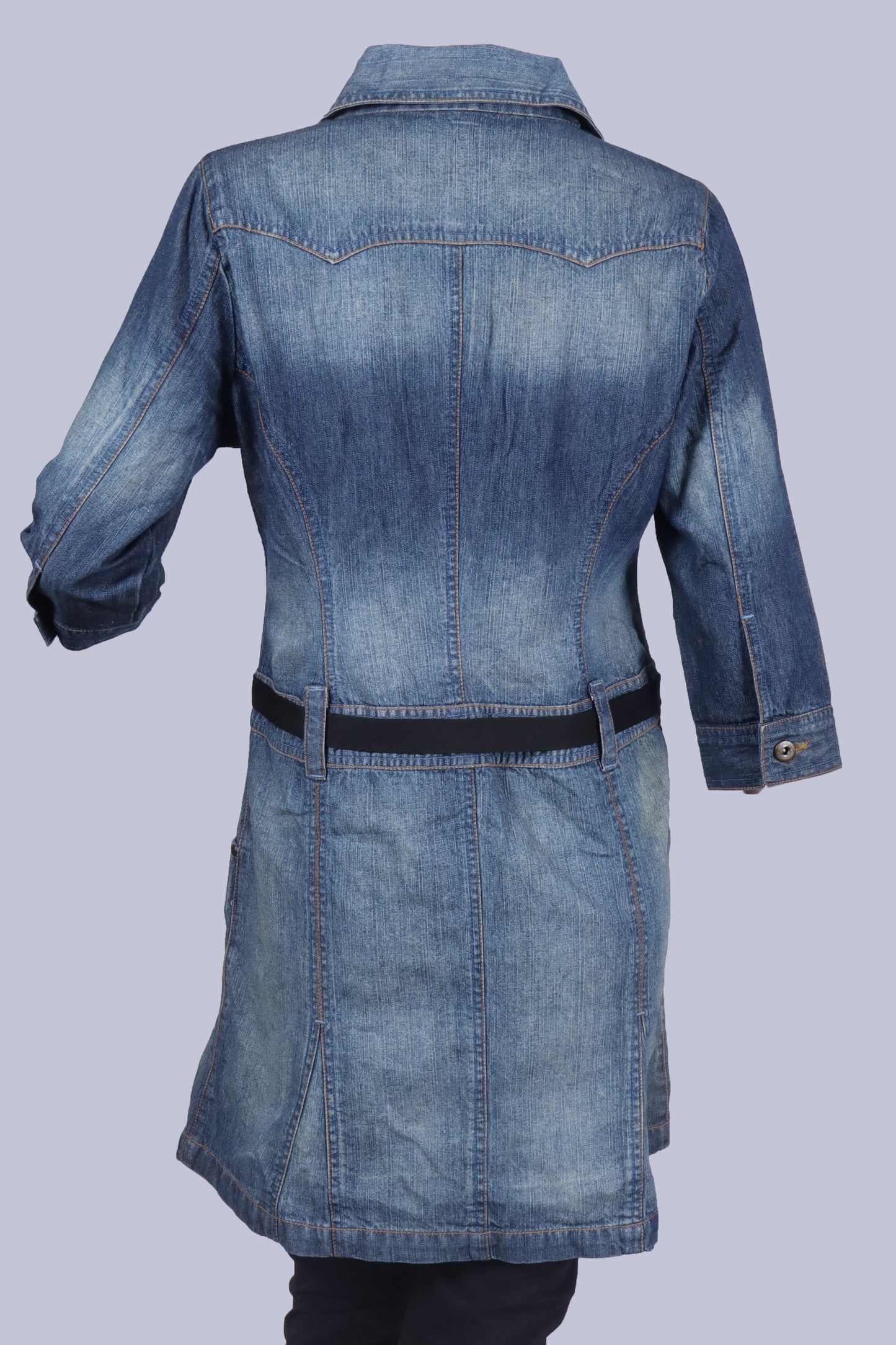 Women's Mid-Wash Denim Tunic Jacket with Black Tie-Belt