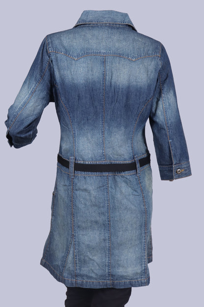 Women's Mid-Wash Denim Tunic Jacket with Black Tie-Belt