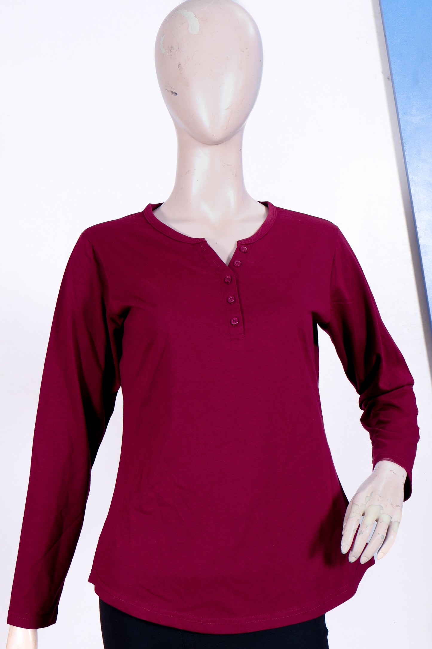 Women’s Long-Sleeve Henley Tee – Rich Maroon