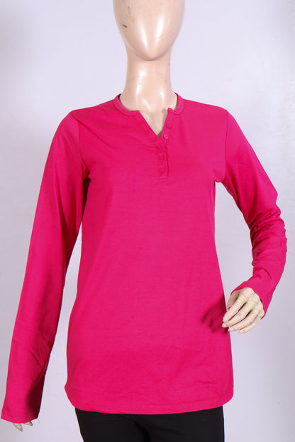 Casual Long-Sleeve Henley Top – Vibrant Magenta