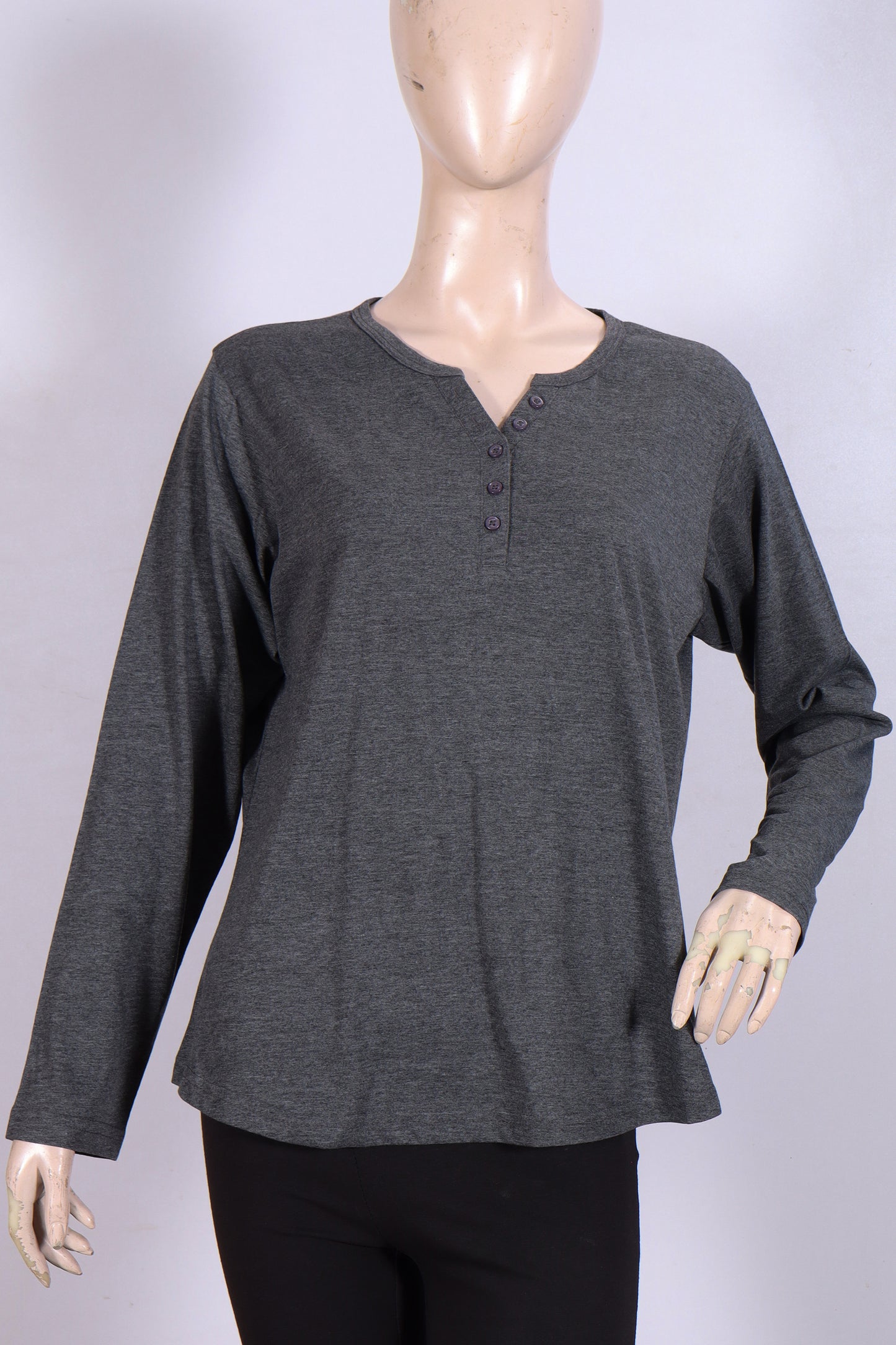 Casual Long-Sleeve Henley Top- Gray