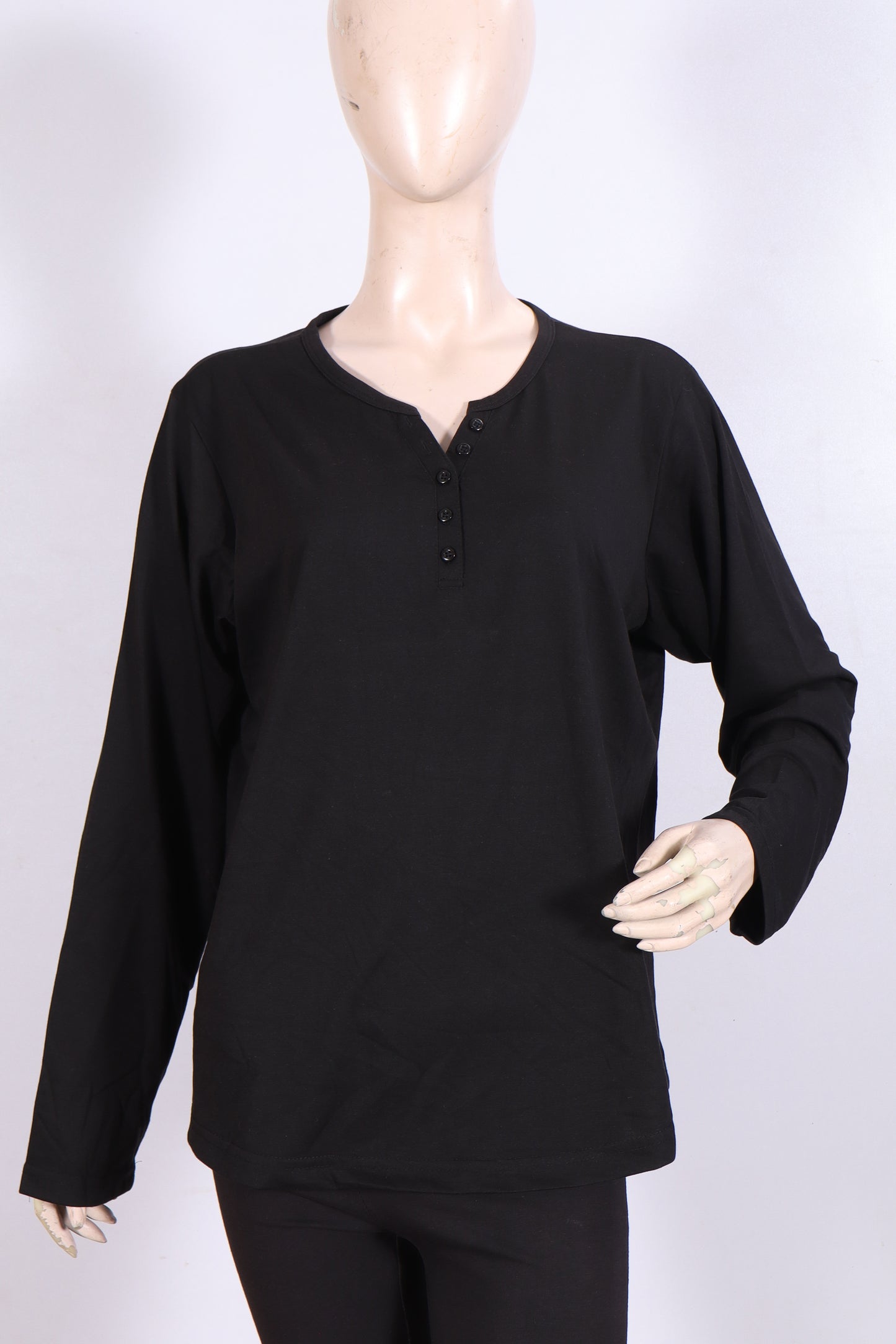Casual Long-Sleeve Henley Top - Black