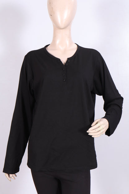 Casual Long-Sleeve Henley Top - Black