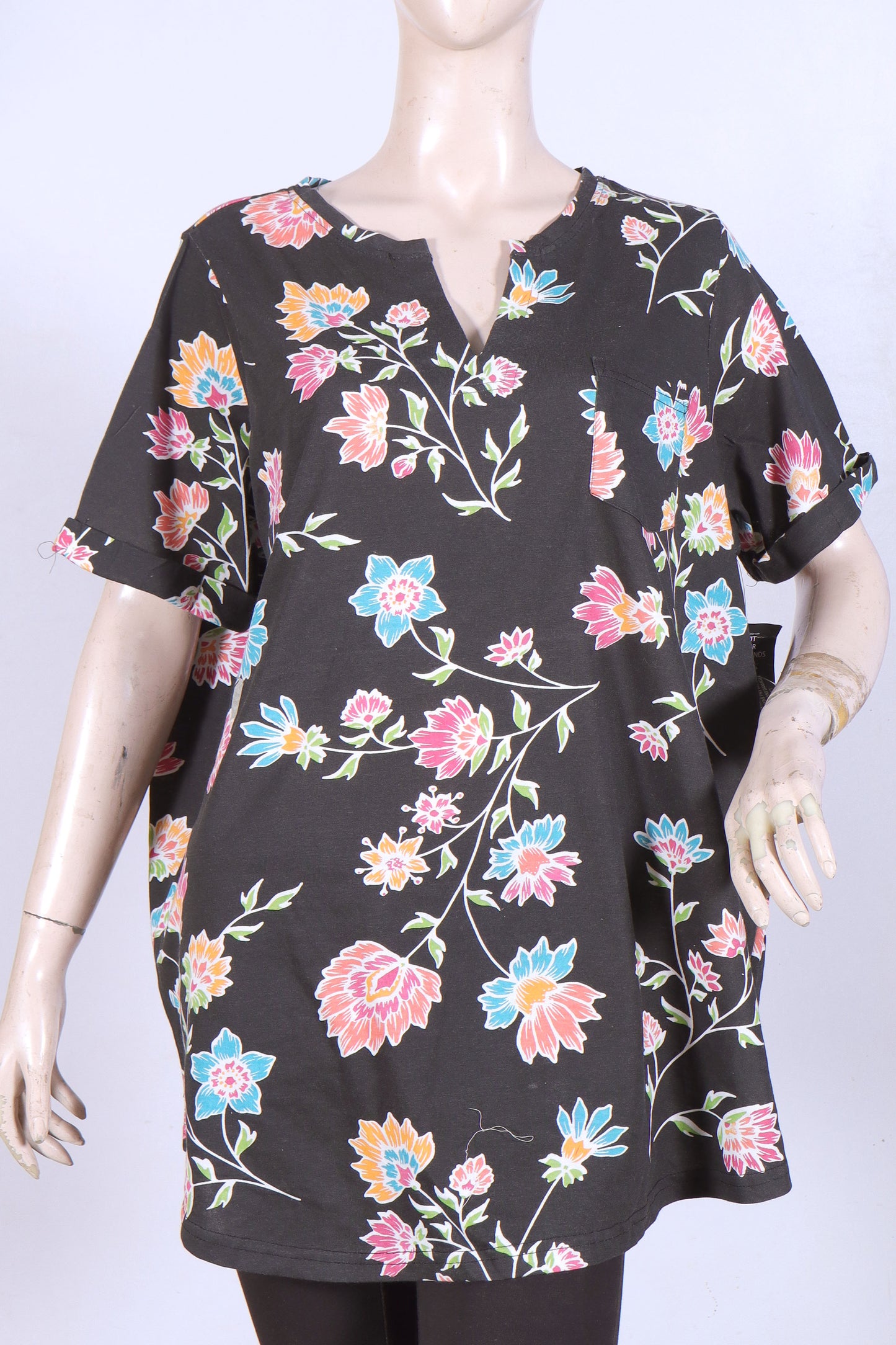Women’s Floral Print Short-Sleeve Tunic Top – Black