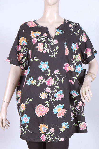 Women’s Floral Print Short-Sleeve Tunic Top – Black