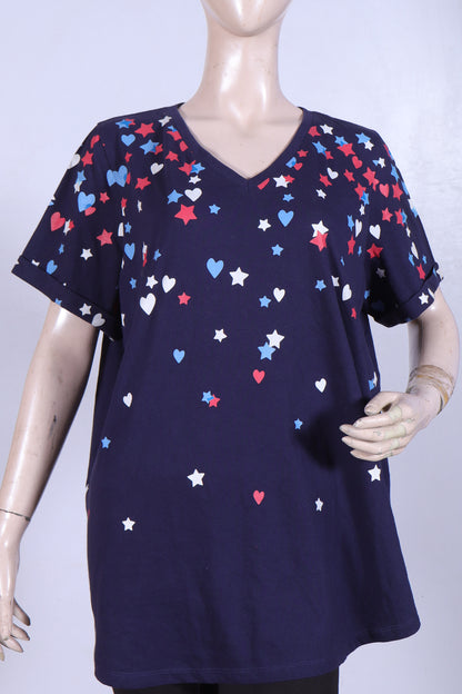 Stars & Hearts Oversized V-Neck Tee – Navy Blue
