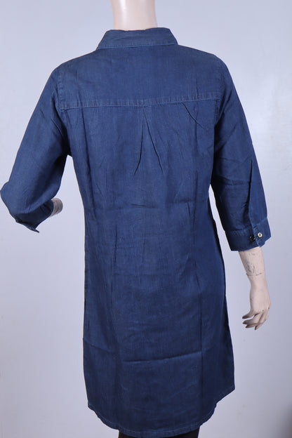 Women's Dark Wash Denim Kurta Tunic with Sporty Red Accents – 3/4 Sleeve
