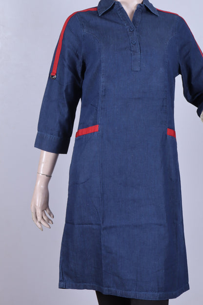 Women's Dark Wash Denim Kurta Tunic with Sporty Red Accents – 3/4 Sleeve