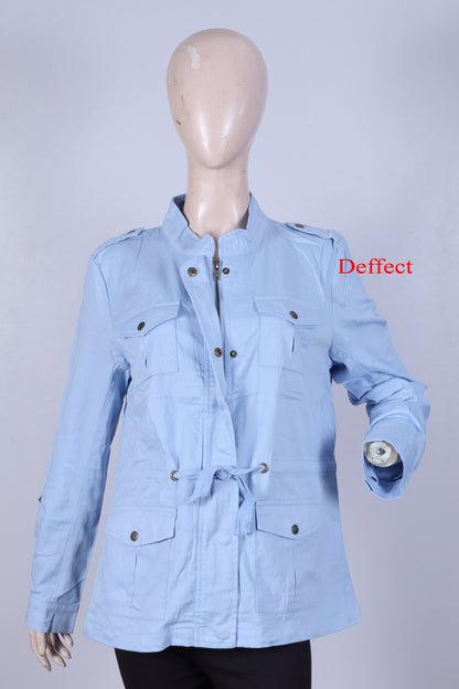Women's Premium Sky Blue Utility Jacket – Stylish Cargo Jacket with Adjustable Waist