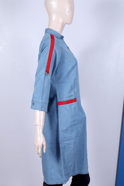 Women's Denim Kurta Tunic with Sporty Red Accents – 3/4 Sleeve