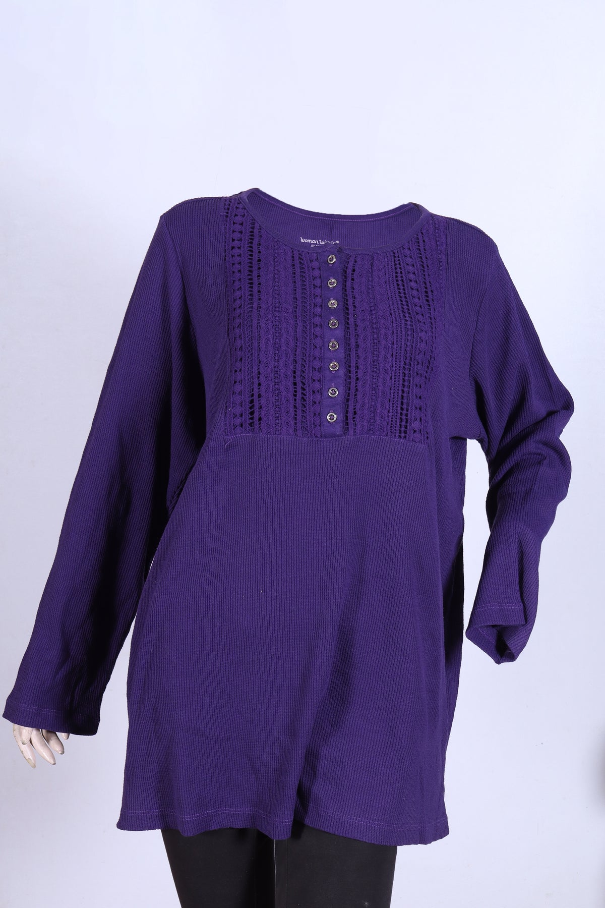 Rich Purple Ribbed Long-Sleeve Henley Top with Lace & Button Details