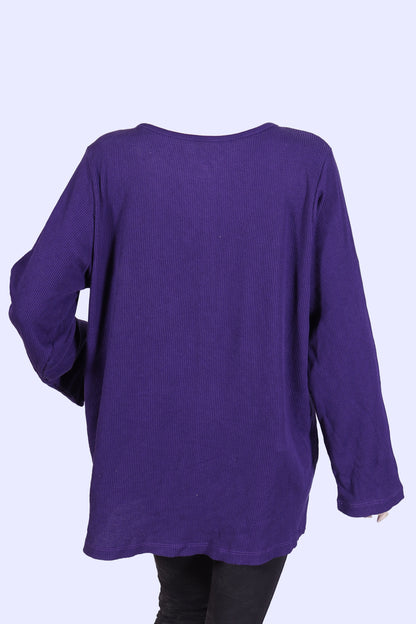 Relaxed Fit Purple Rib-Knit Henley Top with Lace Detail