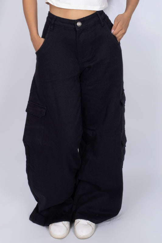 High Waist Wide Leg Cargo Style Denim