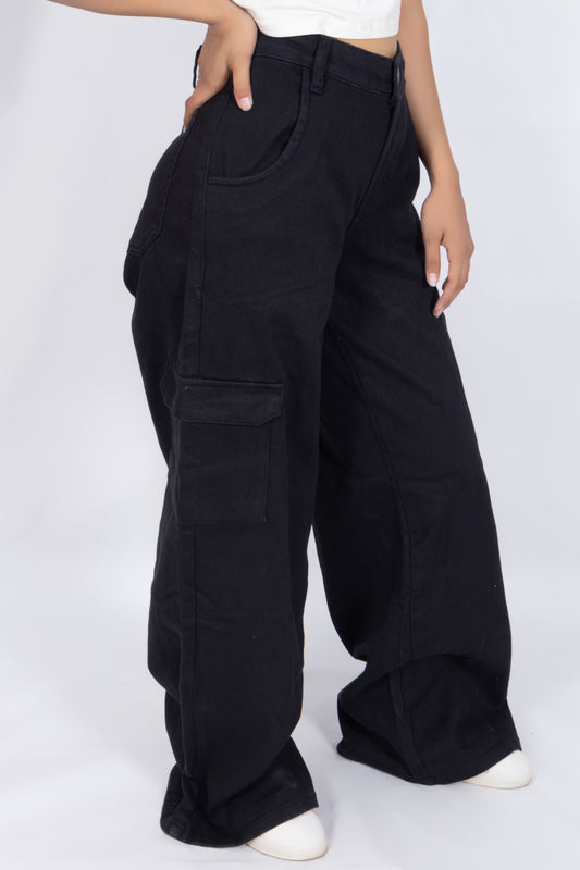 High Waist Wide Leg Cargo Style Denim